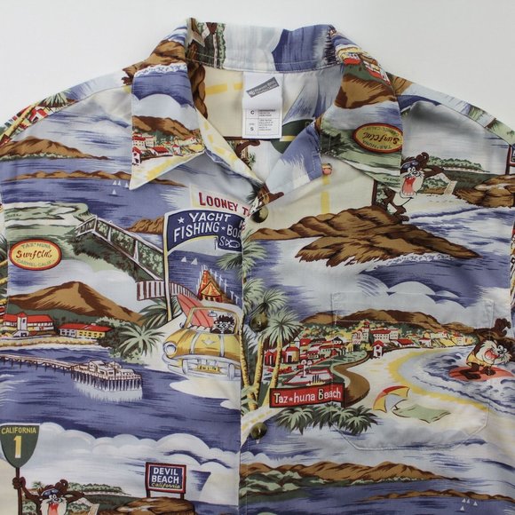 Vintage 1999 Warner Bros Tazmanian Devil Hawaiian Button Front Crew Shirt sz S - Picture 2 of 5